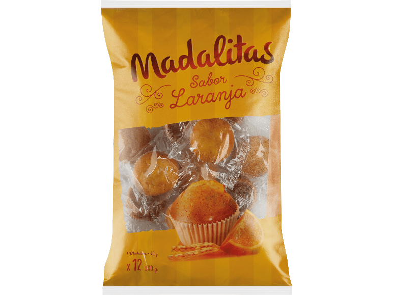 Påse med minimuffins med apelsinsmak, som innehåller 12 stycken.