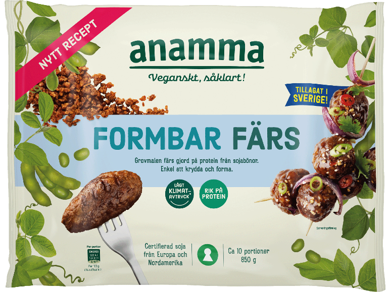 Vegansk färsförpackning med texten 'NYTT RECEPT' och 'TILLAGAT I SVERIGE'.
