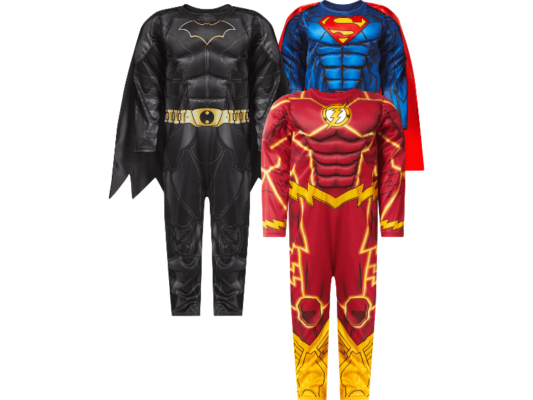 Tre superhjältedräkter för barn: Batman, Superman och Flash.
