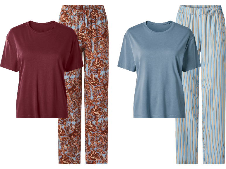 Esmara pyjamasset för dam med röd och blå t-shirt samt mönstrade byxor.