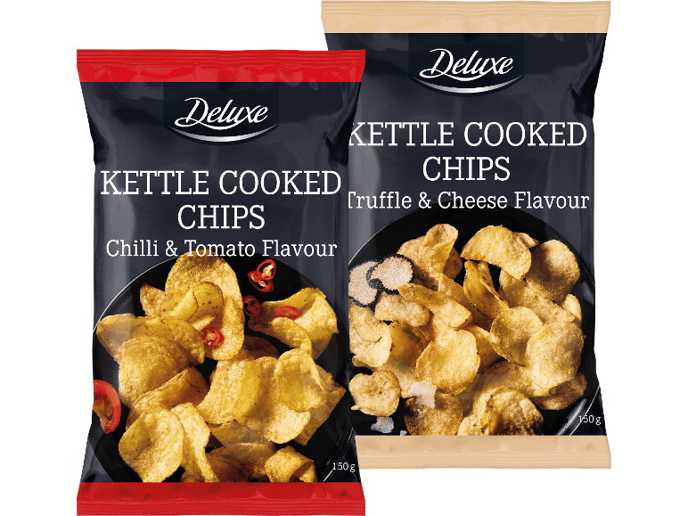 Två påsar grytfriterade chips med smak av chili & tomat samt tryffel & ost