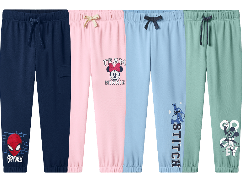 Fyra barnmjukisbyxor i blått, rosa, ljusblått och mintgrönt med Spidey, Minnie, Stitch och Mickey-motiv.
