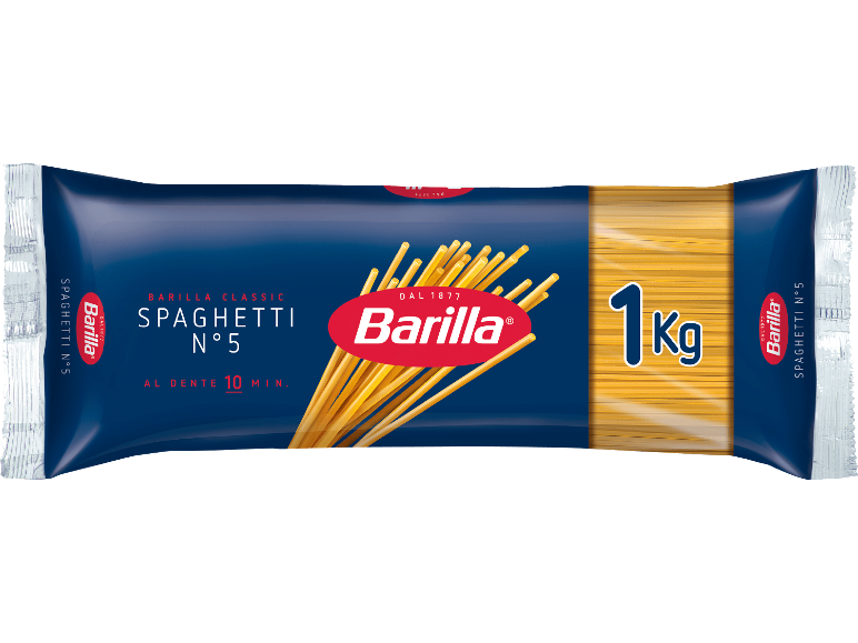 Blått paket med spaghetti nr 5 på 1 kg med en koktid på 10 minuter.