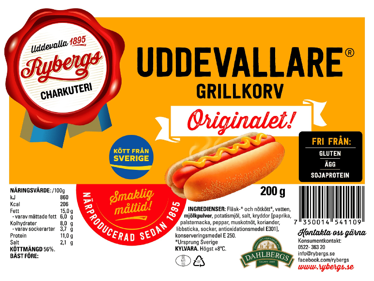 Förpackning med grillkorv med en varmkorv, näringsinformation och ingredienser.