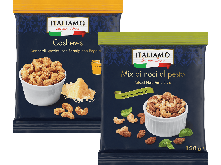 Två förpackningar med nötter i italiensk stil: kryddade cashewnötter och en mix med pestosmak.