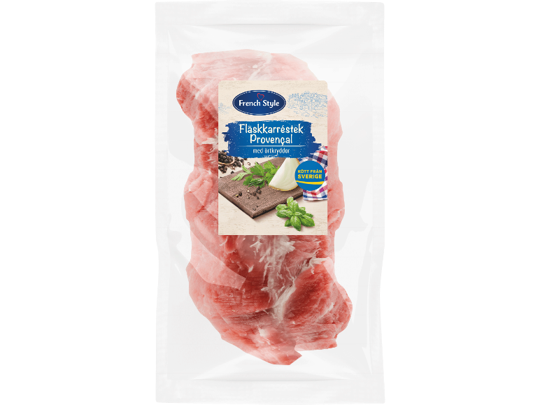 Vakuumförpackat fläskkött med provensalska örter, med etikett