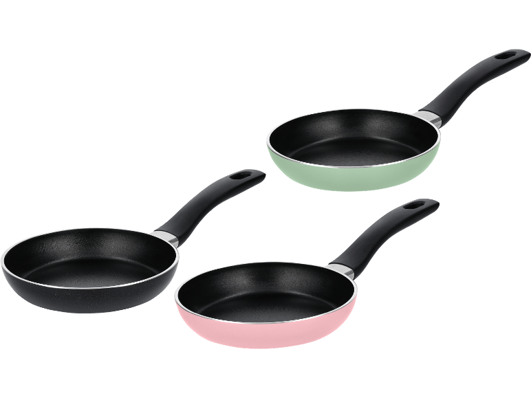 Tre små stekpannor med svarta handtag, en svart, en mintgrön och en rosa.