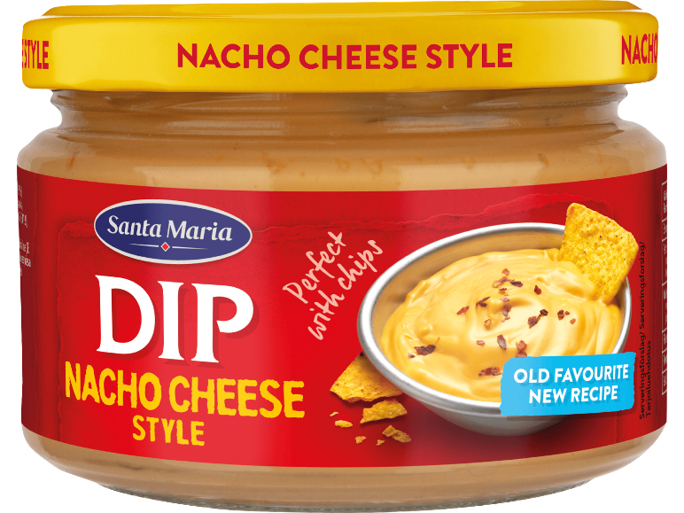 Burk med nacho-ostdipp med en skål dipp och tortillachips, med texten 'OLD FAVOURITE NEW RECIPE'.