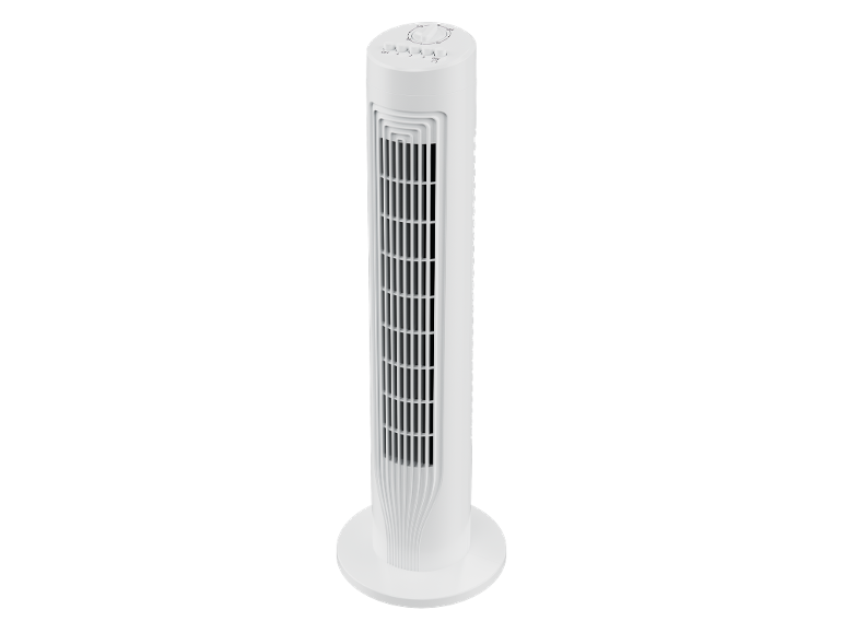 Vit tornfläkt med kontrollpanel som visar hastighetsinställningar och oscillation.