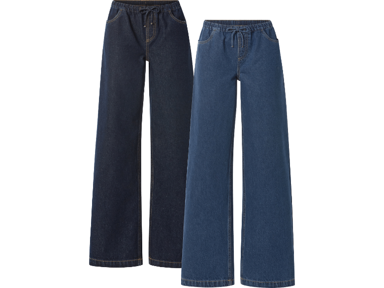 Två par vida jeans med resår i midjan, ett mörkblått och ett mellanblått.