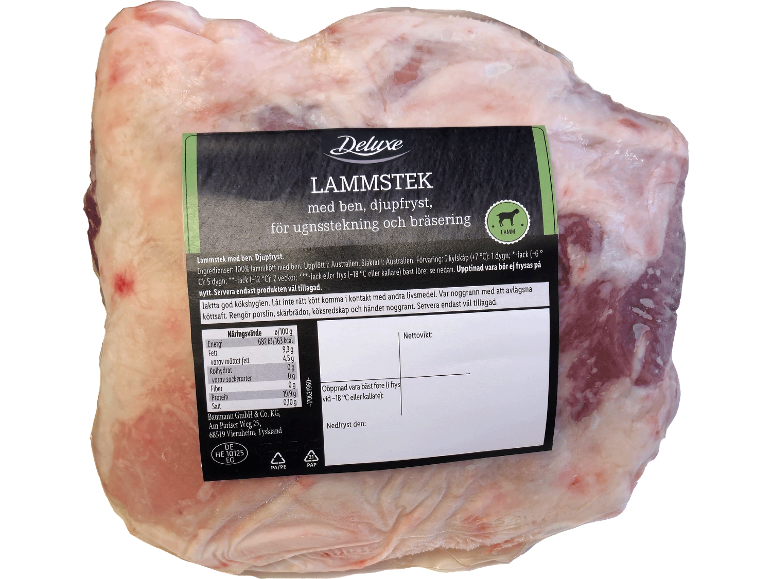 Fryst lammstek med ben, med näringsinformation och tillagningsinstruktioner.