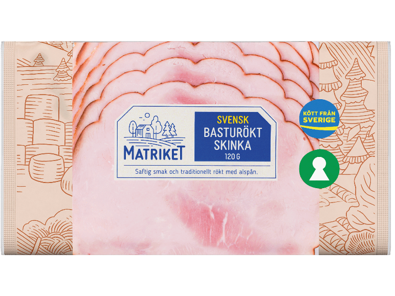 Svensk basturökt skinka i skivor, 120g, med vinterlandskapsmotiv.