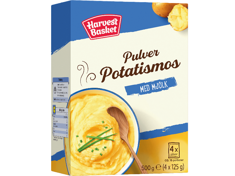 Potatismos pulverförpackning med mjölk, instruktioner och näringsinformation.