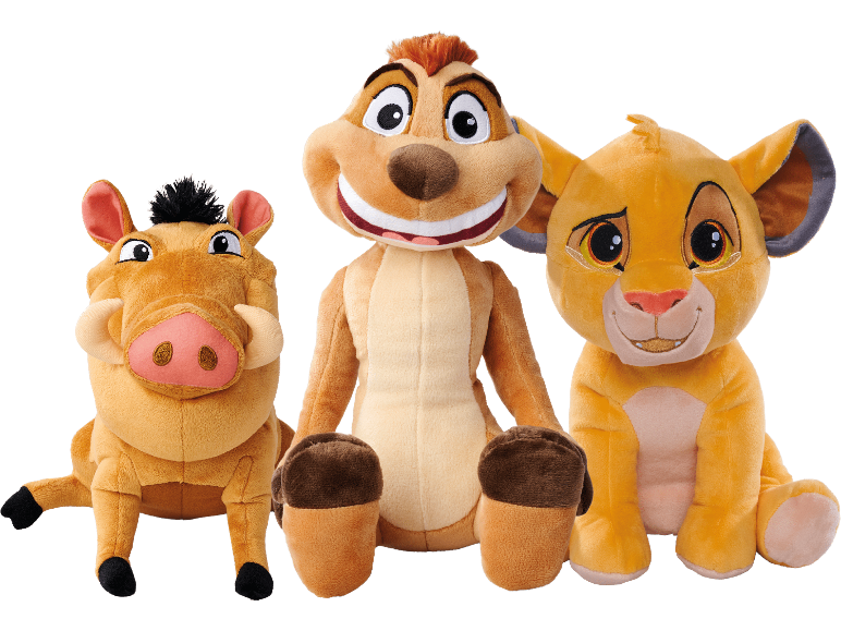 Plyschleksaker Timon, Pumbaa och Simba från Lejonkungen.