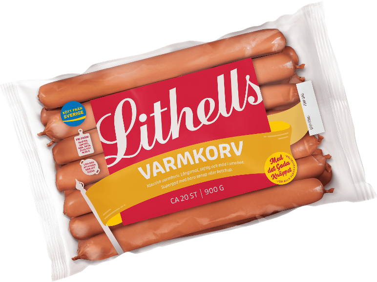 Förpackning med varmkorv, med en röd och gul etikett.