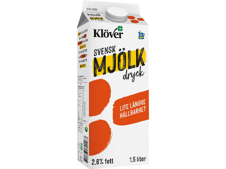 Svensk mjölkkartong med 2,6% fett och 1,5 liter, med texten 'LITE LÄNGRE HÅLLBARHET'.