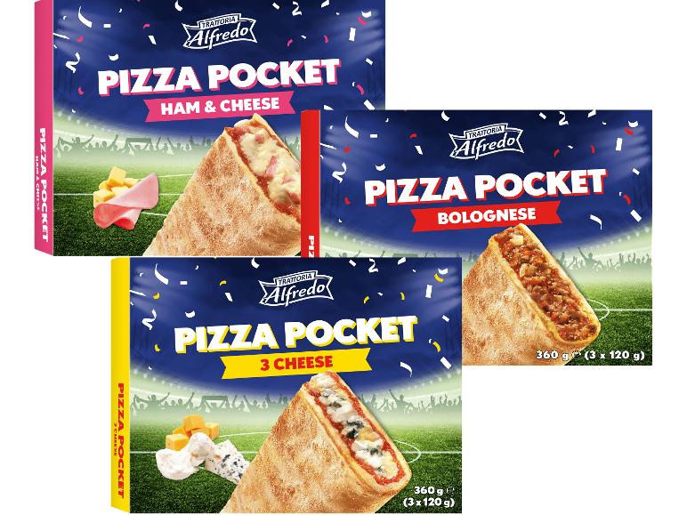 Tre förpackningar pizzapockets: skinka & ost, bolognese och tre ostar.