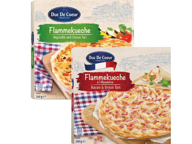 Duc de Coeur Flammkuchen: Vegetarisk och osttårta samt bacon- och lökpaj.