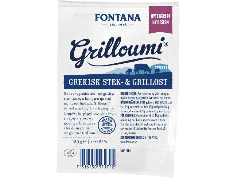 Grekisk grillost med ny design och recept, 180g, 24% fett.