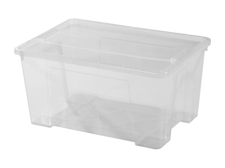 Transparent plastförvaringslåda med lock på svart bakgrund