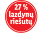 Röd logotyp med texten '27 % lazdynų riešutų'