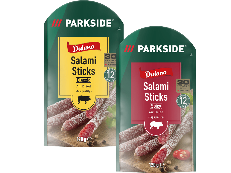Två förpackningar salamipinnar, en klassisk och en kryddig, båda lufttorkade och av högsta kvalitet.