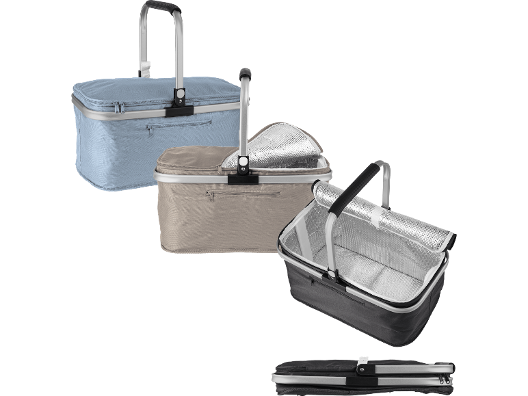 Vikbara picknickkorgar i blått, beige och grått, med termofoder och aluminiumhandtag.