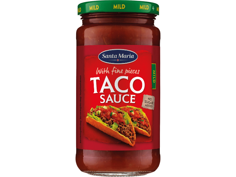 Burk med mild tacosås med texten ”MILD” och ”NO SUGAR ADDED”.