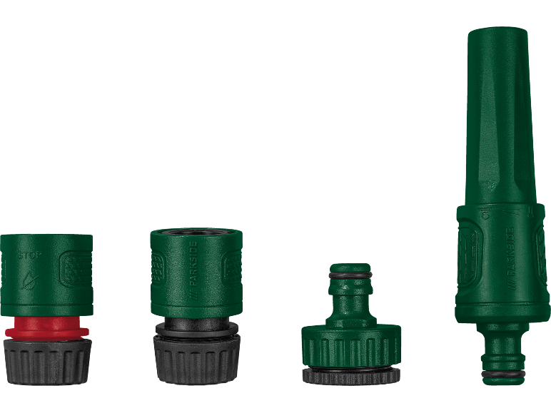 Set med gröna trädgårdsslangtillbehör, inklusive en stoppkoppling och ett munstycke.