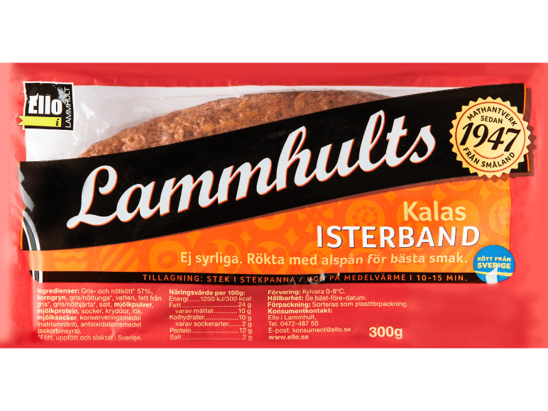 Förpackad Isterband korv, rökt med alspån för bästa smak, 300g.