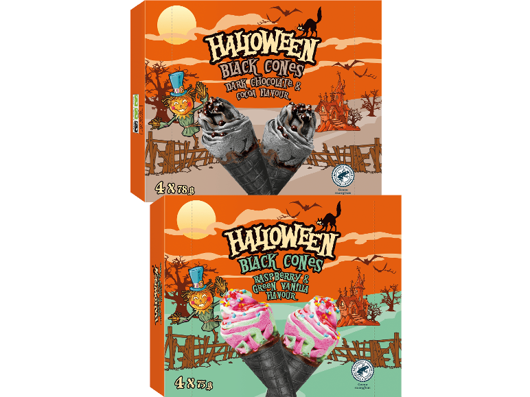 Förpackningar med Halloween Black Cones-glass i smakerna choklad samt hallon och grön vanilj.