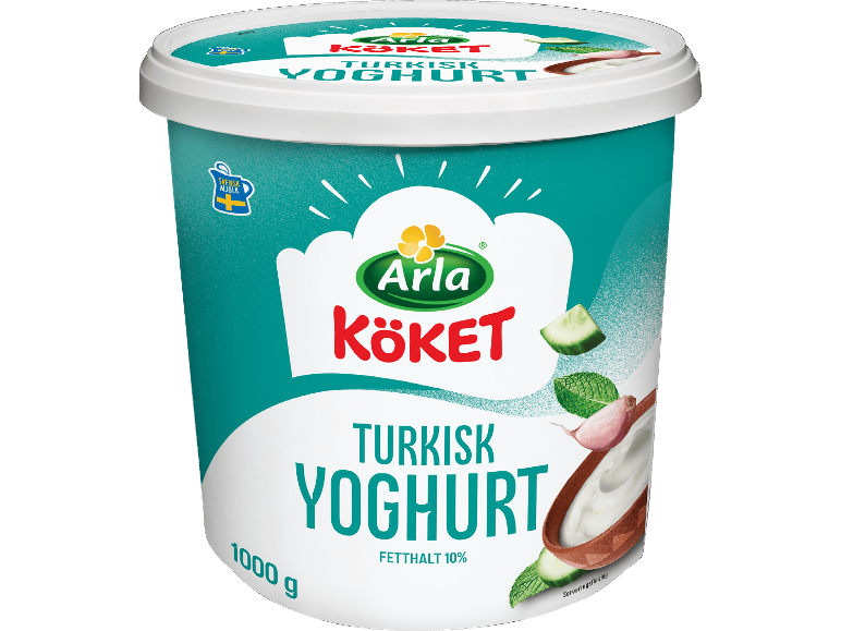 Förpackning med turkisk yoghurt med 10% fetthalt och 1000 g vikt.