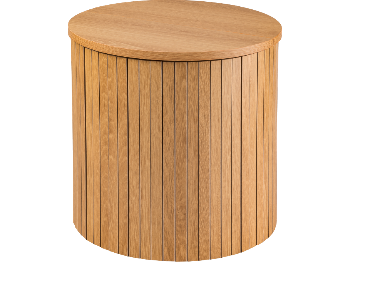 Runt träbord med vertikala ribbor.