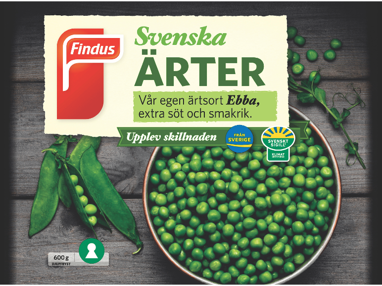 Frysta ärtor med baljor och en skål ärtor, med texten 'Swedish ärter'.