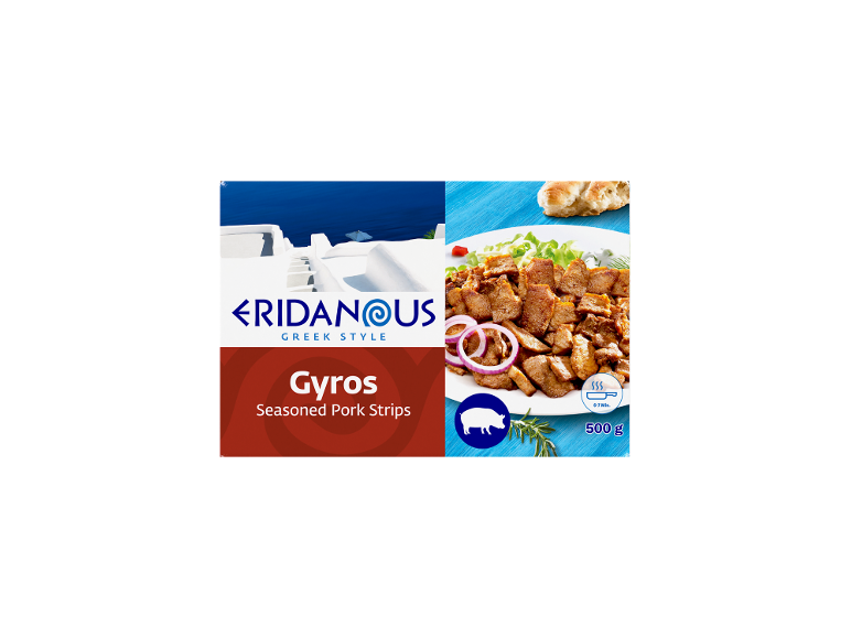 Grekisk fläskgyros med kryddade köttstrimlor och ett kustlandskap.