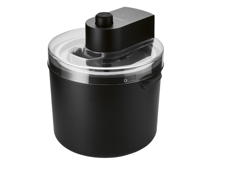 Svart glassmaskin med transparent lock mot svart bakgrund.