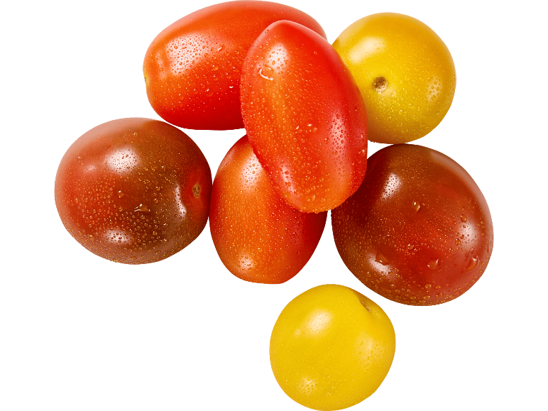 En livlig blandning av röda, orange, bruna och gula körsbärstomater med vattendroppar.