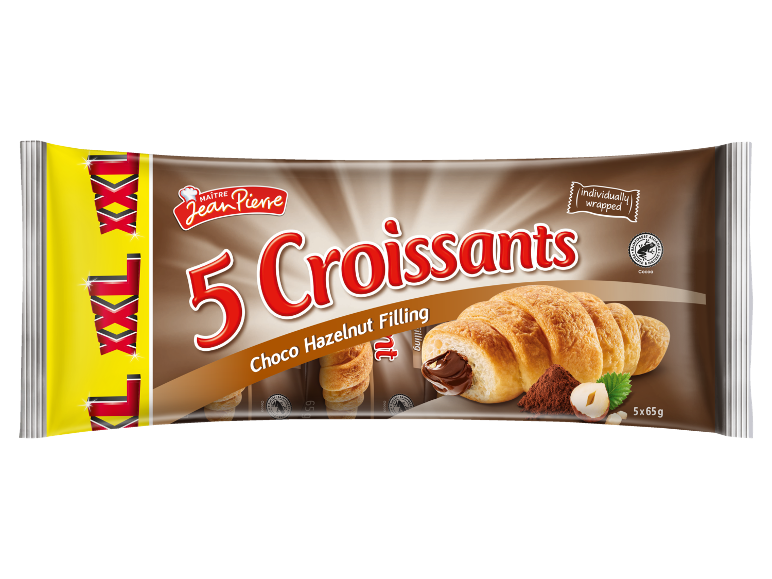 Förpackning med 5 XXL croissanter med choklad-hasselnötsfyllning, individuellt inslagna.