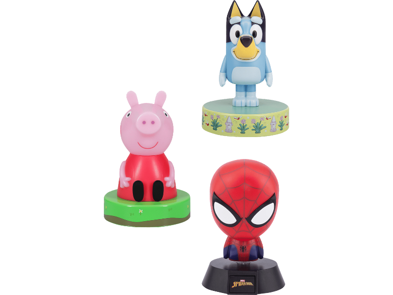 Tre figurer: en blå hund, en rosa gris och Spider-Man.