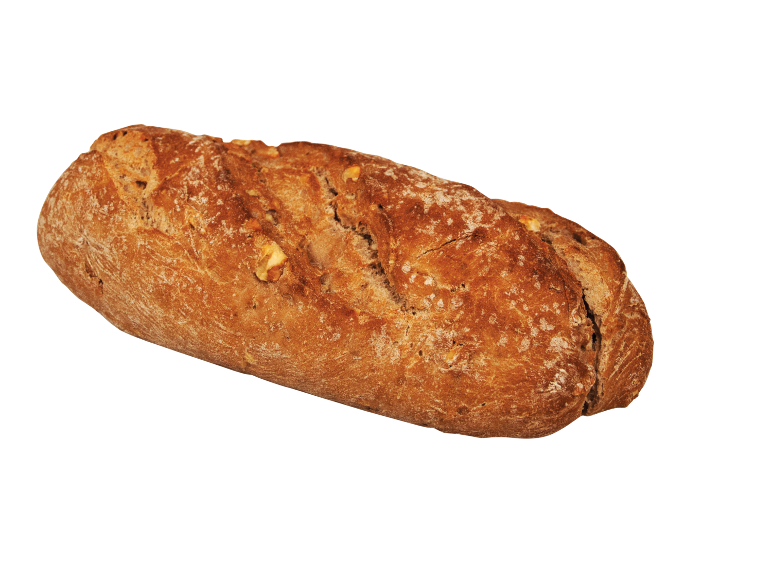 Hantverksmässigt valnötsbröd med krispig skorpa och pudrat med mjöl.