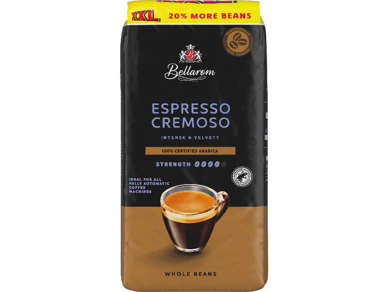 Bellarom Espresso Cremoso kaffebönor, 20% fler bönor, intensiv och sammetslen smak.