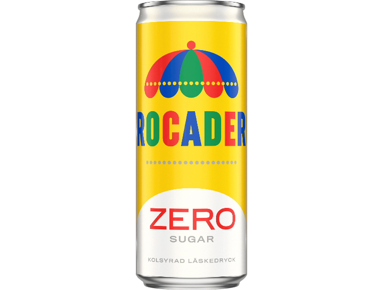 Dryckesburk med färgglad paraplylogotyp och texten 'ZERO SUGAR'.