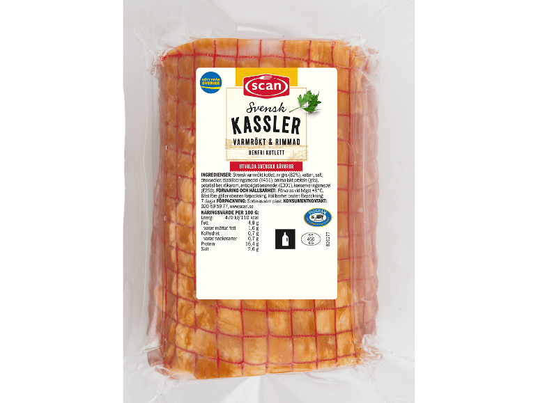 Förpackad rökt benfri kassler i nät.