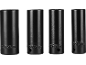 Fyra svarta djupa slagshylsor, 23 mm, 21 mm, 19 mm och 17 mm, arrangerade sida vid sida.