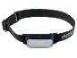 Svart LED-pannlampa med elastiskt band och vit logotyp.