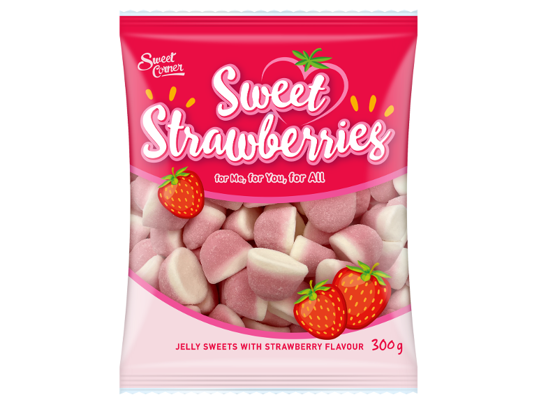 Påse med jordgubbsgelégodis med texten 'Sweet Strawberries' och '300g'.