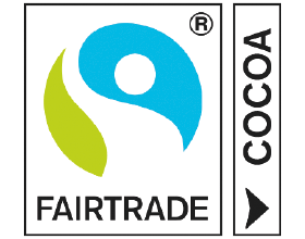Fairtrade-sigill med ordet 'COCOA' vertikalt.