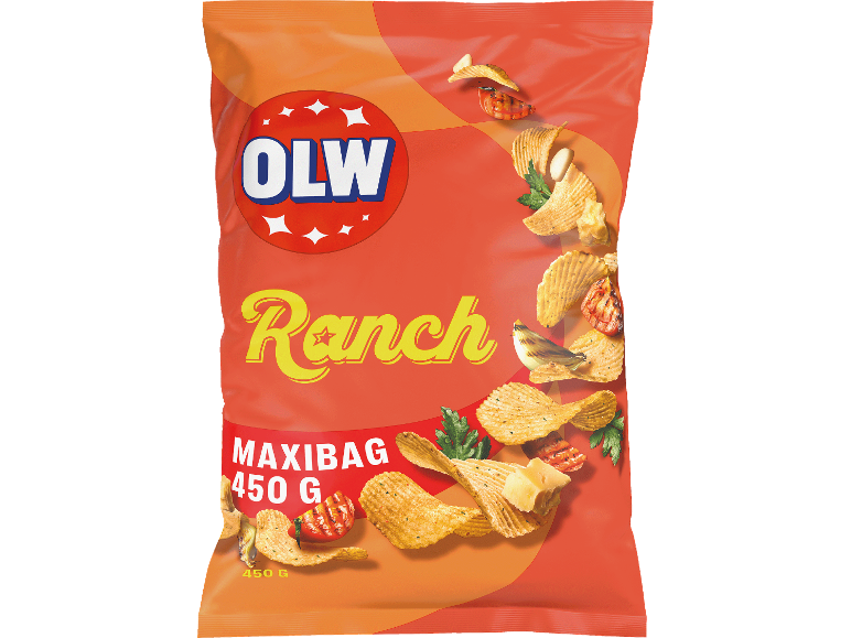 Påse ranch-smaksatta potatischips, med räfflade chips, örter och grillade grönsaker.