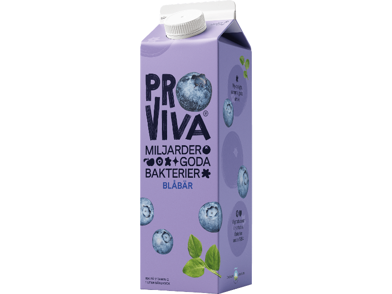 En lila kartong med blåbärsdryck med goda bakterier, rik på C-vitamin.