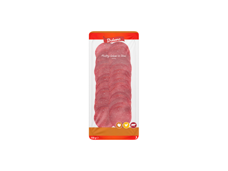 Förpackning med rökt fågelsalami i skivor, 130 g.